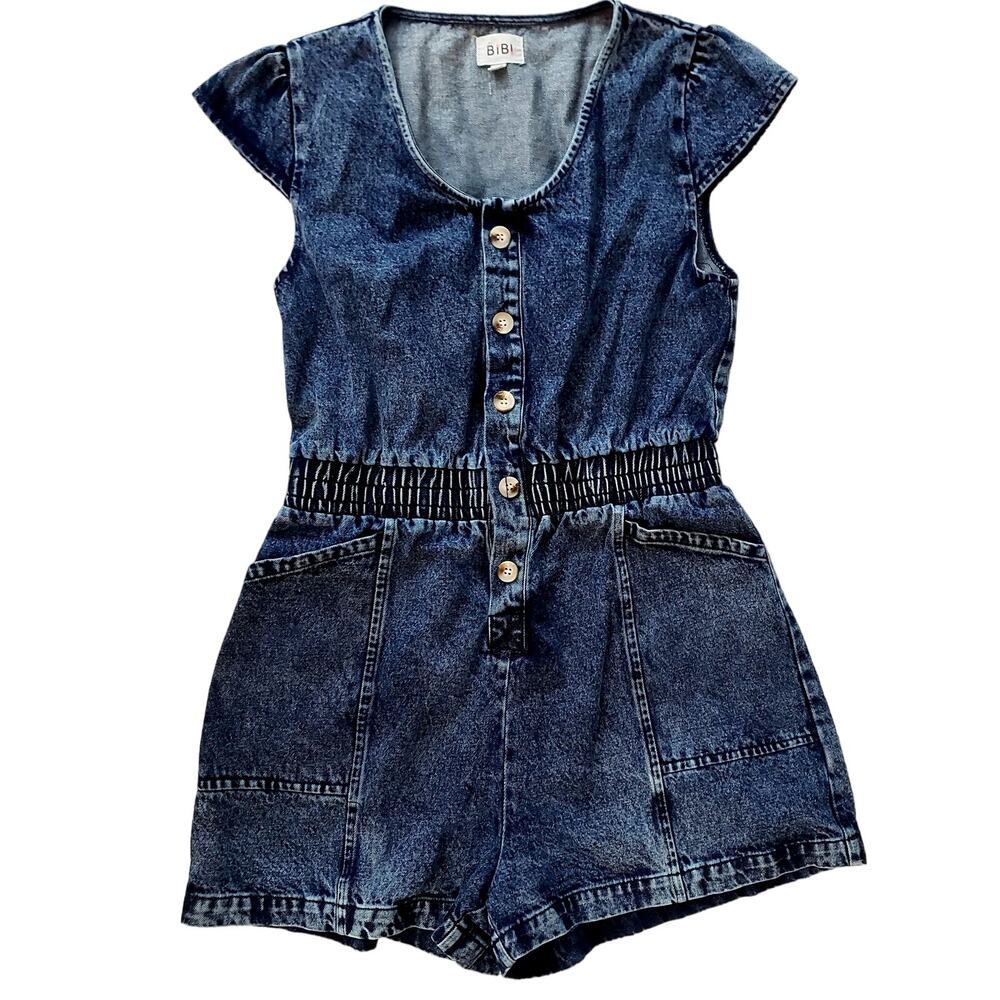 BIBI DISTRESSED Washed DENIM ROMPER sz Medium front pockets country summer fall